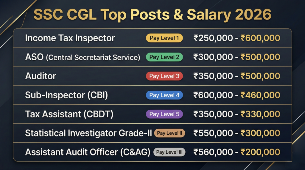 SSC CGL 2026 Top Posts and Salary - Pay Level wise List of Government Jobs