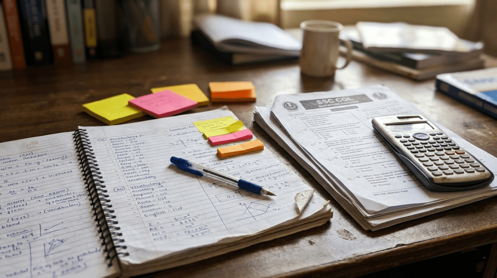 student preparing for SSC CGL exam at home with books and notes