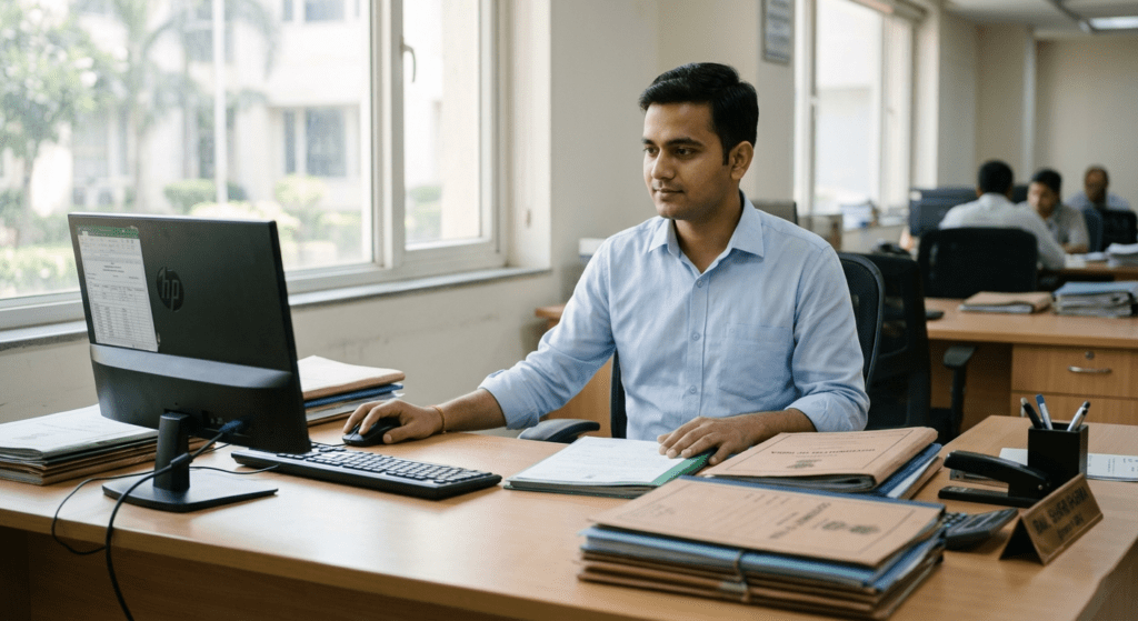 SSC CHSL job lifestyle showing government employee working at office desk in India