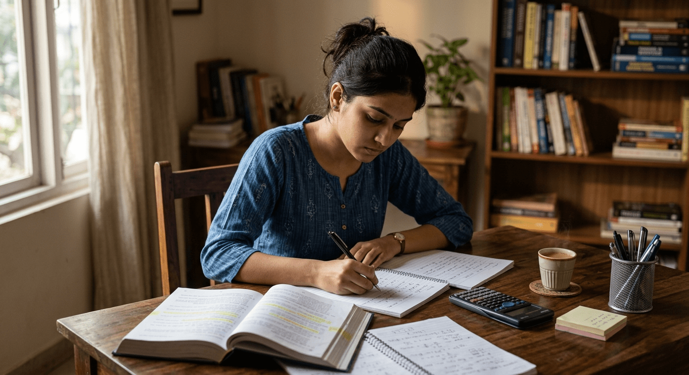 SSC CHSL preparation student studying with books notes and calculator