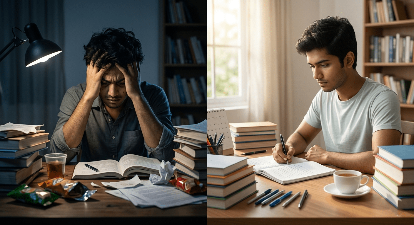 Comparison of stressed student and focused SSC CHSL aspirant studying with discipline