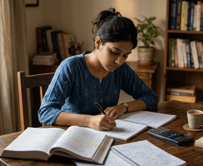 SSC CHSL preparation student studying with books notes and calculator