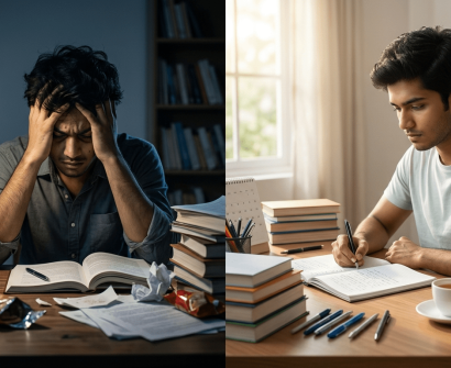 Comparison of stressed student and focused SSC CHSL aspirant studying with discipline